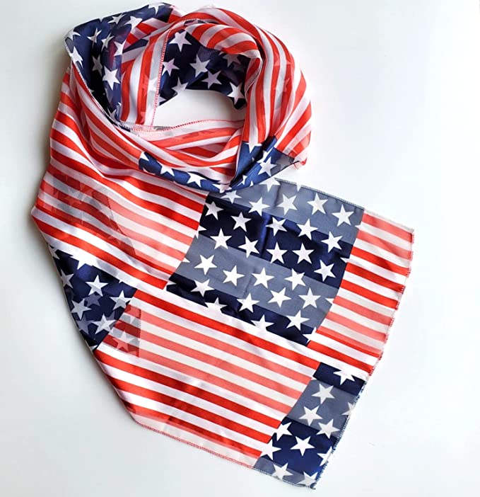 Rosemarie Collections Women's Red White And Blue 4th Of July Satin Stripe USA Fashion Scarf, 60" American Flag Stars Stripes (Block Flag)