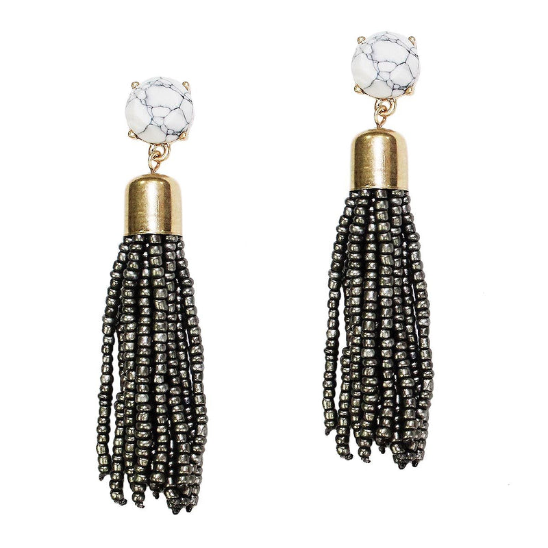 Stunning Seed Bead Tassel Dangle Earrings (Natural Howlite Stone Smokey Grey Post Back, 3.25")