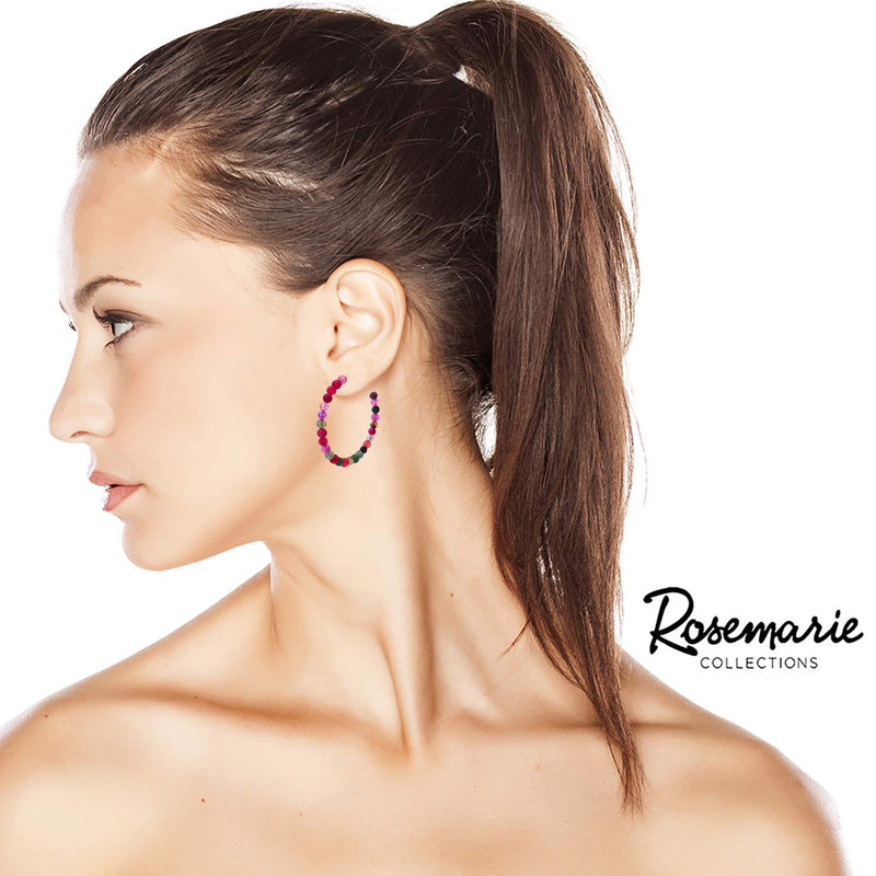 Colorful Natural Stone Bead Side Silhouette Hoops With Hypoallergenic Post Back Earrings, 45mm (Fuchsia Pink)