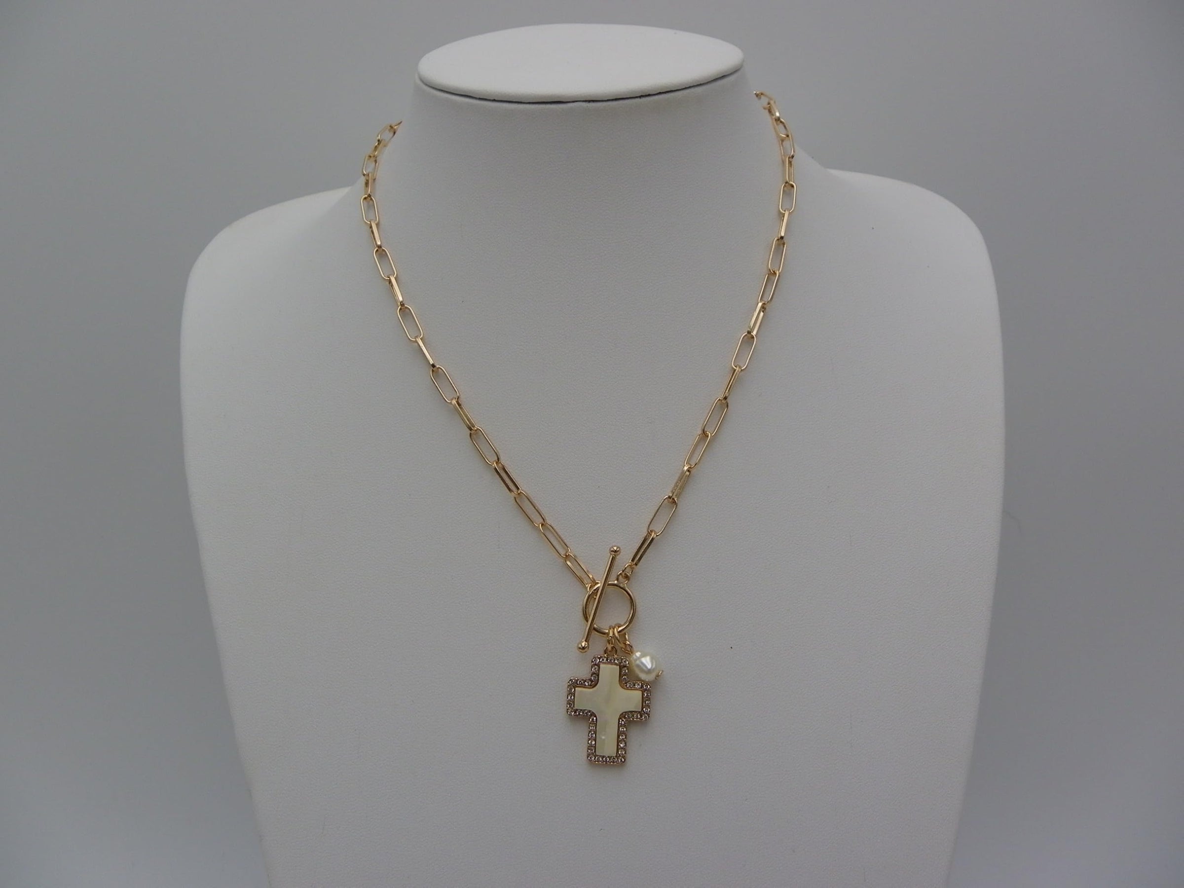 Natural Abalone Shell Cross Pendant with Crystal Edge Detail, Freshwater Pearl Charm, Gold Tone Paperclip Chain Necklace, Toggle Clasp, 18 Inch