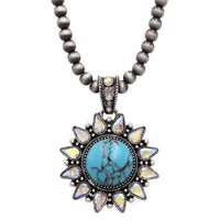 Women's Cowgirl Chic Sunflower Medallion Turquoise Blue Howlite Stone With Crystal Rhinestone Pendant On Western Navajo Pearl Strand Necklace, 16"+3" Extension
