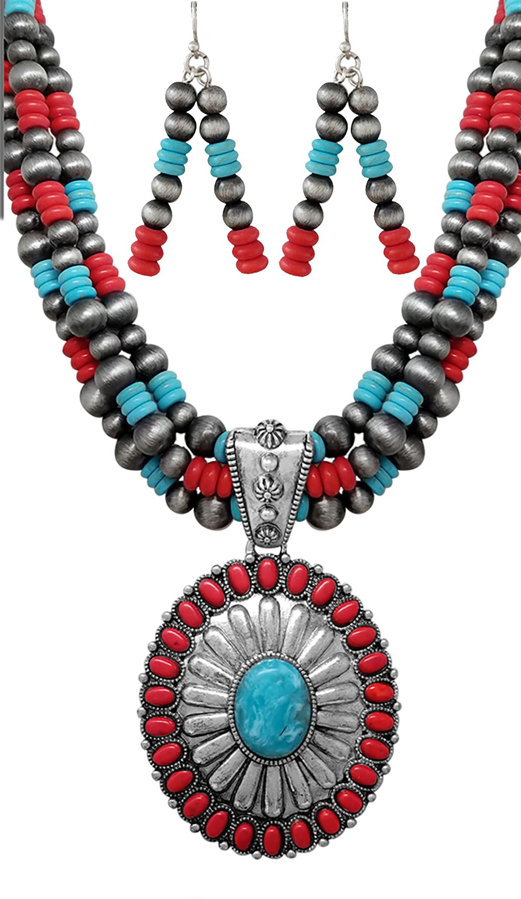 Cowgirl Chic Statement Burnished Silver Howlite Concho Pendant On Multi Strand Western Metallic Pearl Necklace Earrings Set, 20"+3" Extender