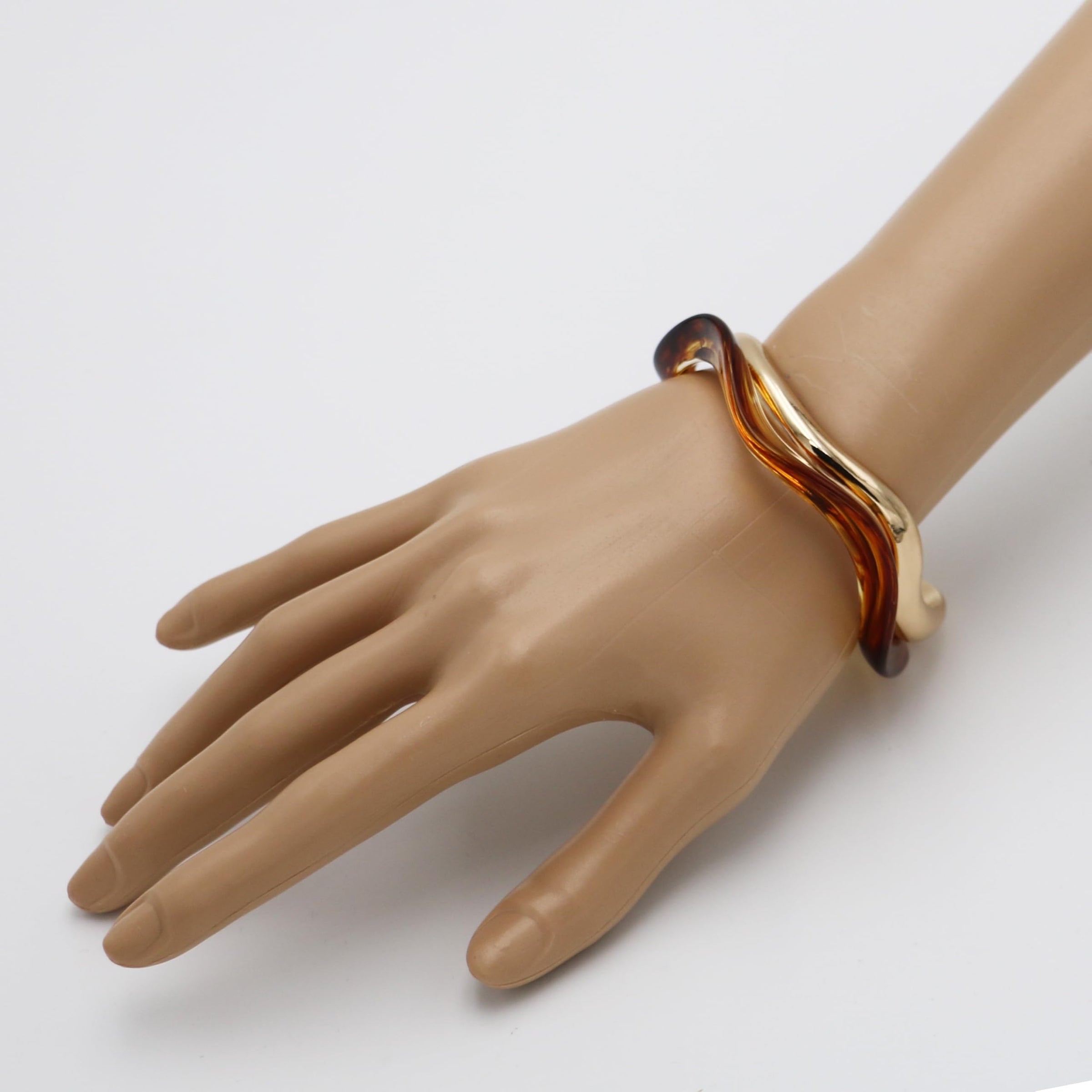 Wavy Wave Design Bangle Bracelet Set, Amber and Gold Tone, 7.5 Inch Wrist Size, 2 Piece Set