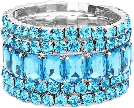 Stunning Statement Set Of 5 Colorful Crystal Rhinestone Stretch Bracelets, 6.75" (Aqua Blue Crystal Silver Tone)