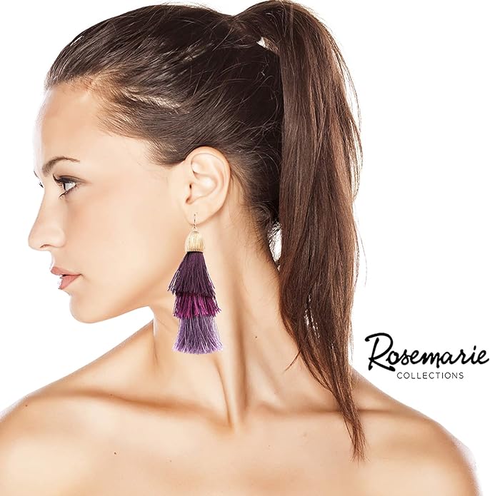 Vintage Chic Tiered Ombre Thread Tassel Long Dangle Earrings (Purple Textured Gold Tone Bead, 4.25")