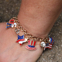 Sleek Polished Gold Tone Red White And Blue USA Flag Patriotic July 4th Charm Bracelet, Adjustable Toggle Clasp Bracelet, 7.5" - 8.5"