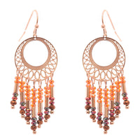 Stunning Rose Gold Tone Filigree Hoop With Beaded Fringe Dangle Earrings, 2"