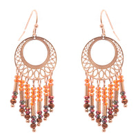 Stunning Rose Gold Tone Filigree Hoop With Beaded Fringe Dangle Earrings, 2"