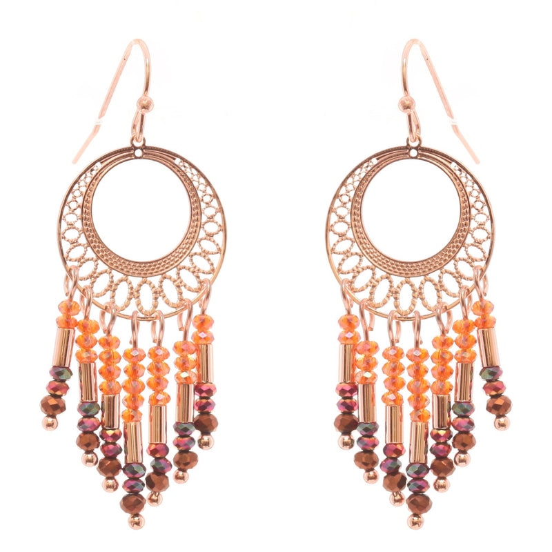 Stunning Rose Gold Tone Filigree Hoop With Beaded Fringe Dangle Earrings, 2"