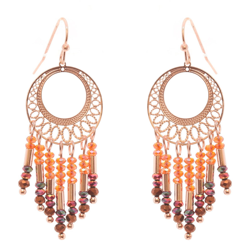 Stunning Rose Gold Tone Filigree Hoop With Beaded Fringe Dangle Earrings, 2"