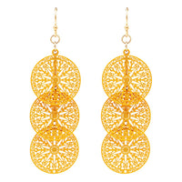 Women's Bohemian Sunshine Yellow Mandala Filigree Cutout Triple Circle Dangle Earrings, 2.62"