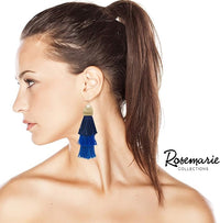 Rosemarie Collections Women's Vintage Chic Tiered Ombre Thread Tassel Long Dangle Earrings (Blue Textured Gold Tone Bead, 4.25")