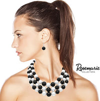 Multi Strand Simulated Pearl Necklace and Earrings Jewelry Set, 18"+3" Extender (Black & White Pearl Mix Silver tone)