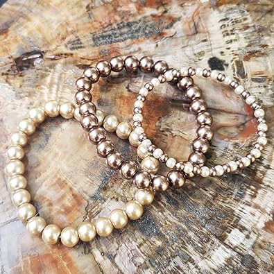 Elegant Gold And Brown Autumn Mix Of Faux Pearls Beaded Set Of 3 Stacking Stretch Bracelets, 2.5"