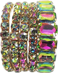 Stunning Statement Set Of 5 Colorful Crystal Rhinestone Stretch Bracelets, 6.75" (Rainbow Vitrail Crystal Gold Tone)