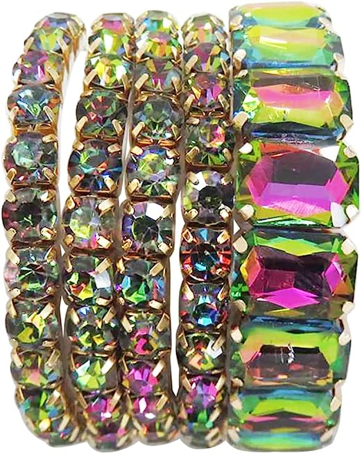 Pair of Stretchy Lime Green Rhinestones with Silver Tone Beads Bracelets