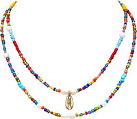 Women's Stunning Gold Tone Cowrie Shell On Multi-Strand Rainbow Seed Love Beads Bohemian Necklace, 17"+3" Extender