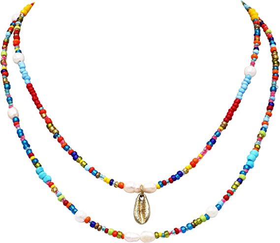 Women's Stunning Gold Tone Cowrie Shell On Multi-Strand Rainbow Seed Love Beads Bohemian Necklace, 17"+3" Extender