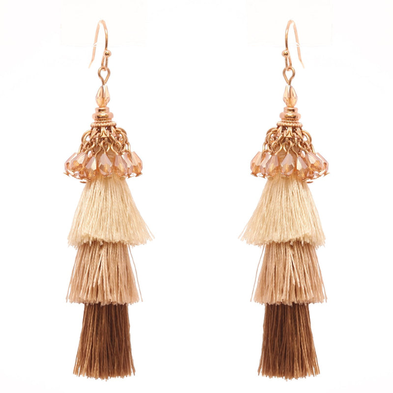 Vintage Chic Tiered Ombre Thread Tassel Long Dangle Earrings (Gold Faceted Crystal Bead, 3.25")