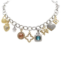 Two-Tone Trending Charm Link Necklace, Silver and Gold with CZ Stones, Classic Style, 18-20"