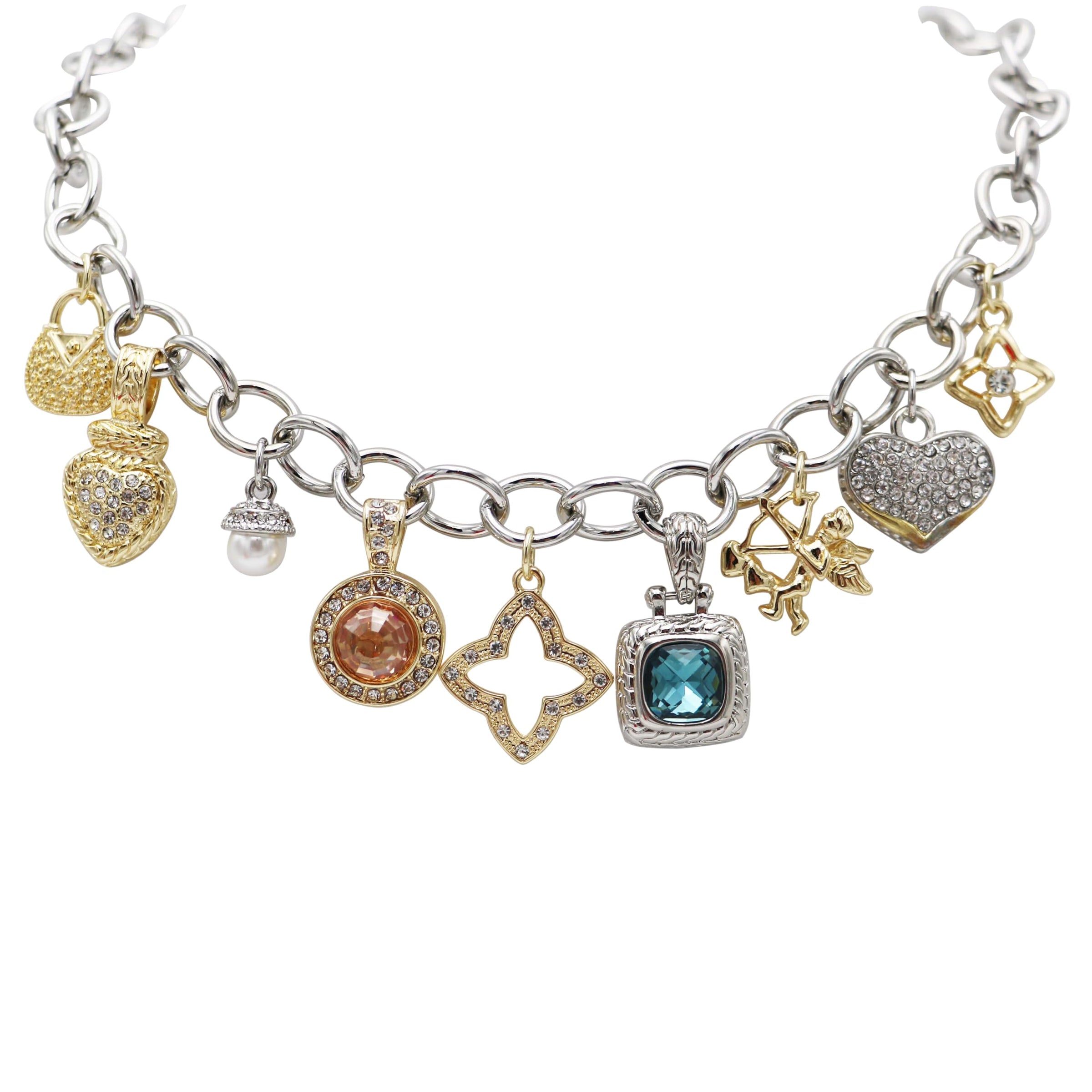 Two-Tone Trending Charm Link Necklace, Silver and Gold with CZ Stones, Classic Style, 18-20"