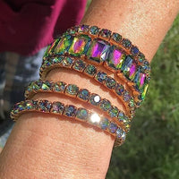 Stunning Statement Set Of 5 Colorful Crystal Rhinestone Stretch Bracelets, 6.75" (Rainbow Vitrail Crystal Gold Tone)