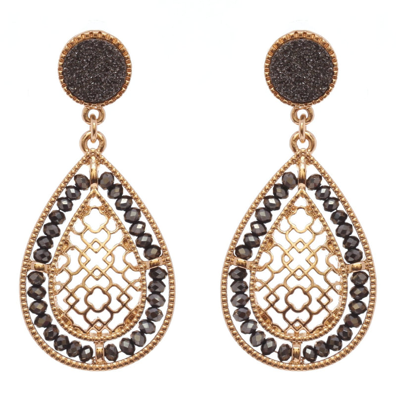 Genuine Druzy Quartz And Crystal Teardrop Dangle Earrings, 2"