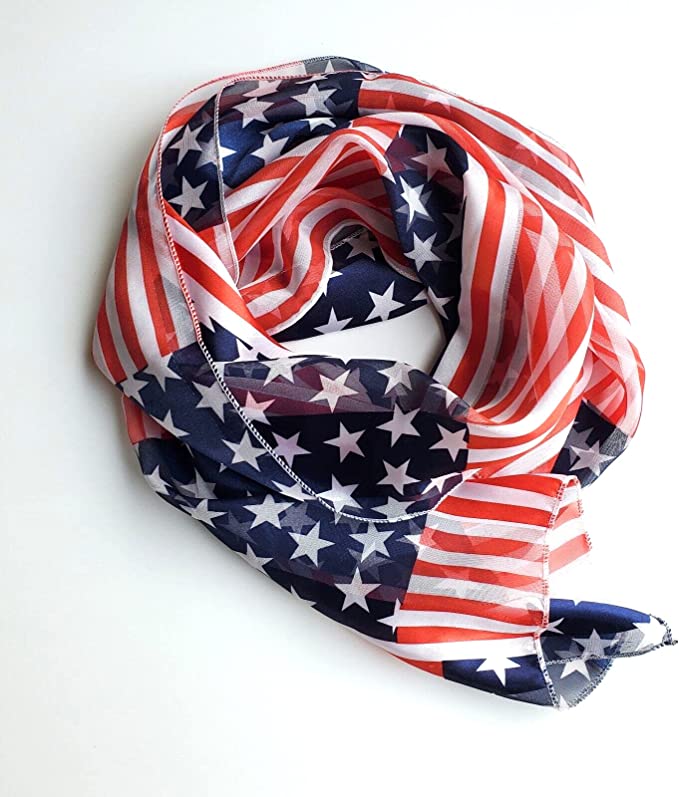 Rosemarie Collections Women's Red White And Blue 4th Of July Satin Stripe USA Fashion Scarf, 60" American Flag Stars Stripes (Block Flag)