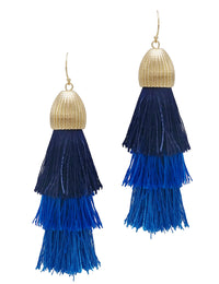 Rosemarie Collections Women's Vintage Chic Tiered Ombre Thread Tassel Long Dangle Earrings (Blue Textured Gold Tone Bead, 4.25")