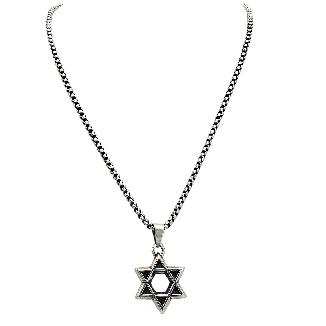 Stainless Steel Men's Star Of David Pendant On Black Shadow Rolo Box Chain Necklace, 22"