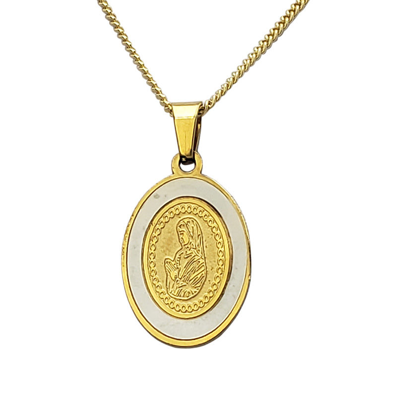Stainless Steel Gold Plated Virgin Mary Pendant With Opal On Gold Plated Sterling Silver Made In Italy Chain Necklace (Cable Chain, 18")