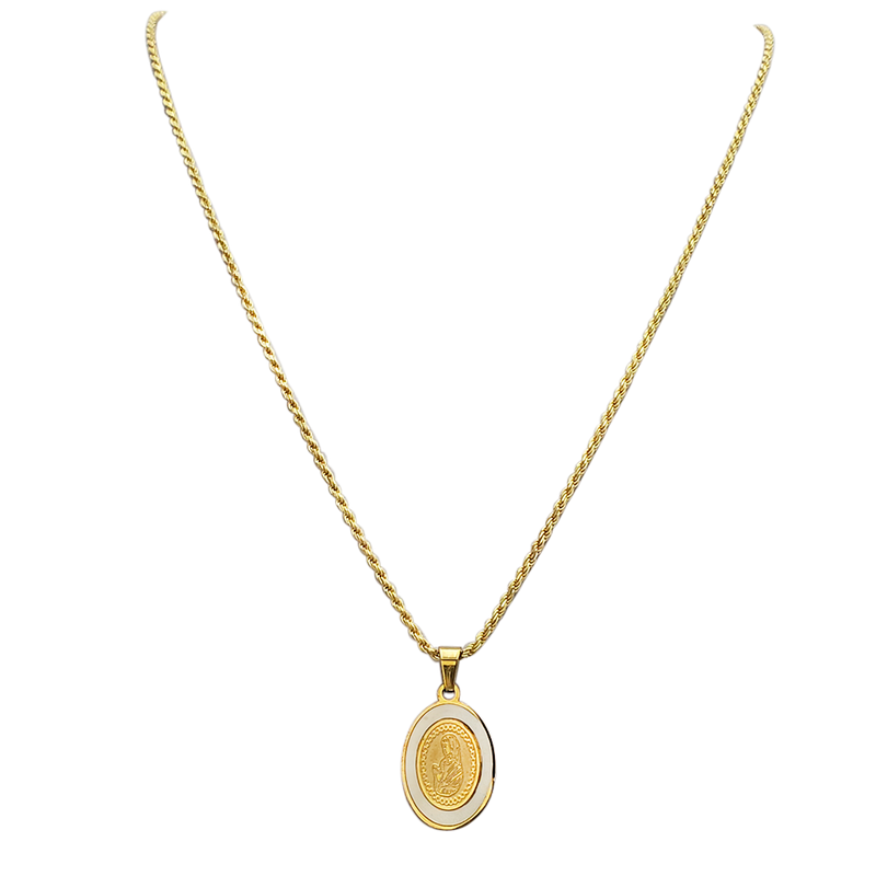 Stainless Steel Gold Plated Virgin Mary Pendant With Opal On Gold Plated Sterling Silver Made In Italy Chain Necklace (Rope Chain With Adjustable Slide, 22")