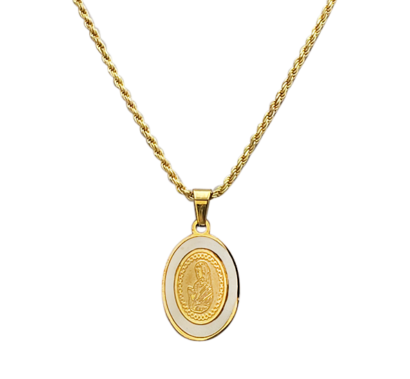 Stainless Steel Gold Plated Virgin Mary Pendant With Opal On Gold Plated Sterling Silver Made In Italy Chain Necklace (Rope Chain With Adjustable Slide, 22")