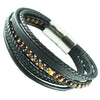 Men's Stylish Multi Strand Black Leather Straps With Tigers Eye Bead And Stainless Steel Magnetic Clasp Bracelet, 8.5"