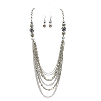 Stunning Polished Silver Tone Multistrand Draping Chains With Faceted Crystal Disco Ball Detail Necklace Earrings Jewelry Gift Set, 36"+3" Extender