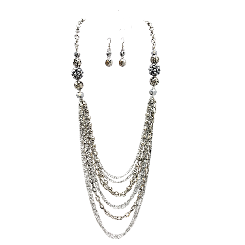 Stunning Polished Silver Tone Multistrand Draping Chains With Faceted Crystal Disco Ball Detail Necklace Earrings Jewelry Gift Set, 36"+3" Extender