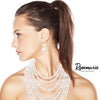 Women's Multi Strand Stunning White Simulated Pearl Cascading Bib Necklace Earrings Bridal Jewelry Set, 16"+3" Extender