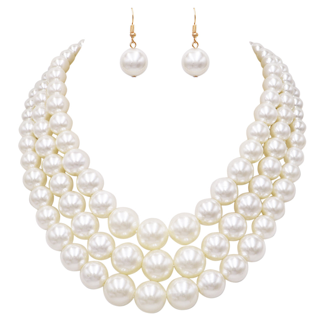 Women's 3 Colorful Multi Strands Simulated Pearl Necklace And Earrings Jewelry Gift Set, 18"+3" Extender