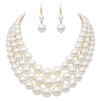 Women's 3 Colorful Multi Strands Simulated Pearl Necklace And Earrings Jewelry Gift Set, 18"+3" Extender