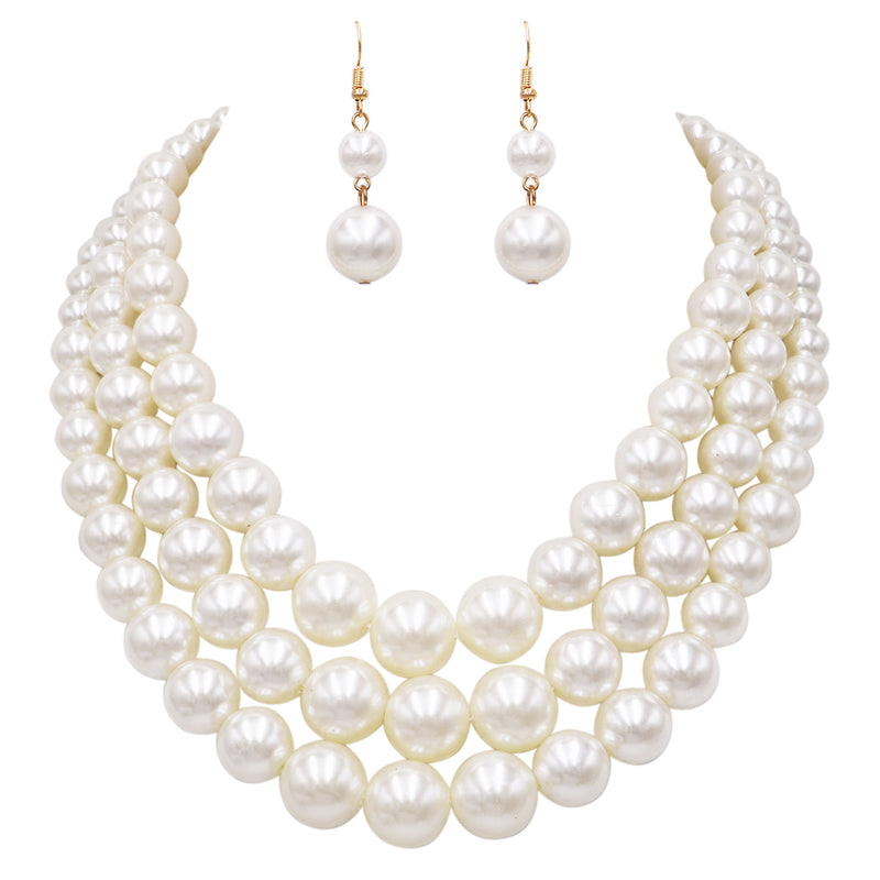 Women's 3 Colorful Multi Strands Simulated Pearl Necklace And Earrings Jewelry Gift Set, 18"+3" Extender