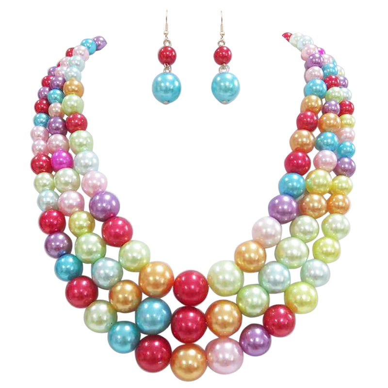 Women's 3 Colorful Multi Strands Simulated Pearl Necklace And Earrings Jewelry Gift Set, 18"+3" Extender