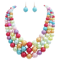 Women's 3 Colorful Multi Strands Simulated Pearl Necklace And Earrings Jewelry Gift Set, 18"+3" Extender