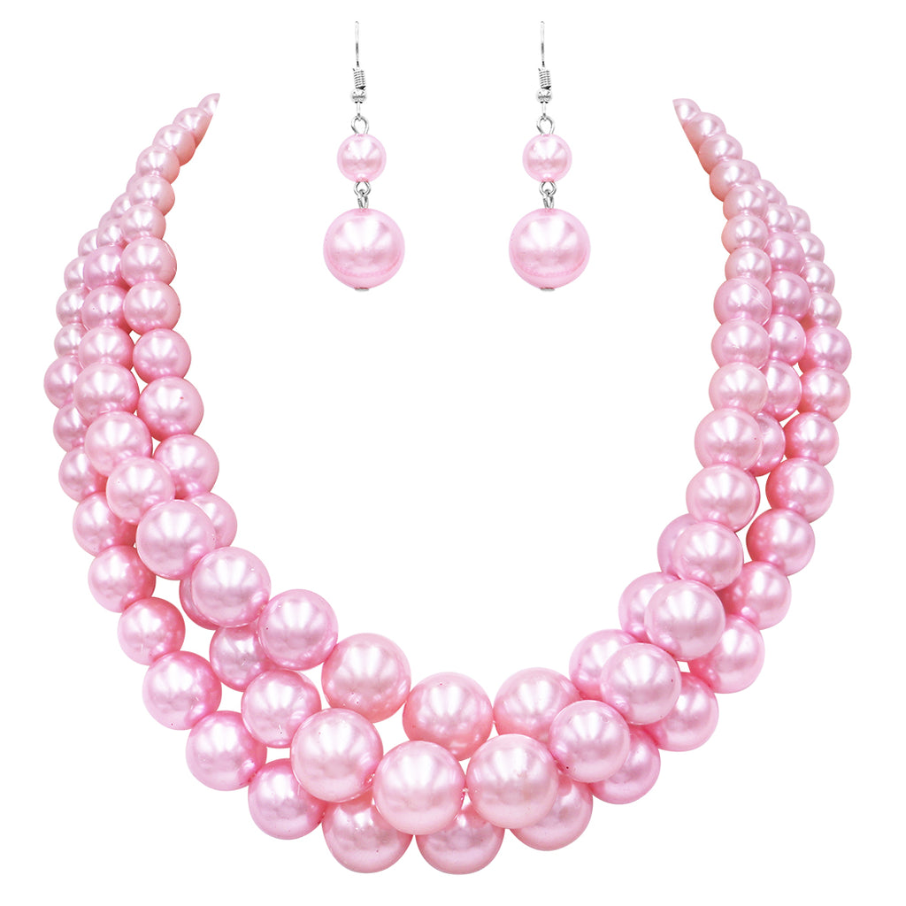 Multi Strand Simulated Pearl Necklace and Earrings Jewelry Set, 18"+3" Extender (Light Pink Silver Tone Double Ball Earring)