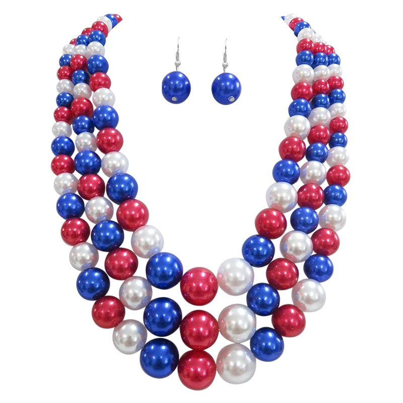 Women's 3 Colorful Multi Strands Simulated Pearl Necklace And Earrings Jewelry Gift Set, 18"+3" Extender