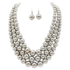 Multi Strand Simulated Pearl Necklace and Earrings Jewelry Set, 18"+3" Extender (Polished Silver)