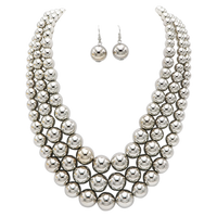 Multi Strand Simulated Pearl Necklace and Earrings Jewelry Set, 18"+3" Extender (Polished Silver)