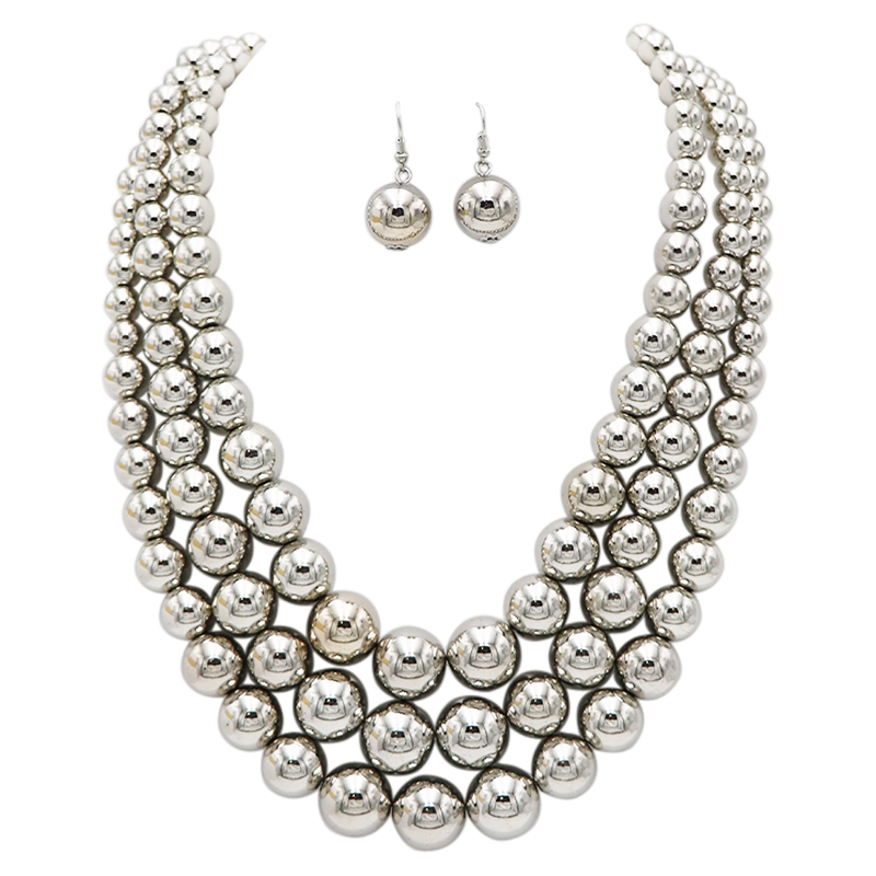 Multi Strand Simulated Pearl Necklace and Earrings Jewelry Set, 18"+3" Extender (Polished Silver)