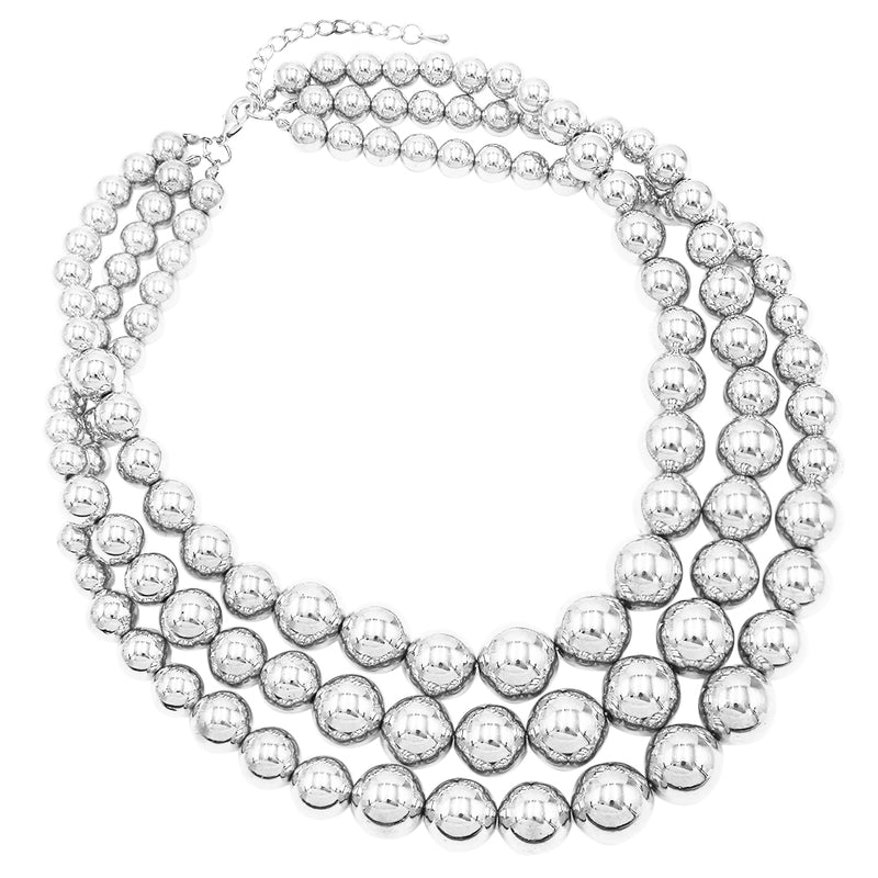 Multi Strand Simulated Pearl Necklace and Earrings Jewelry Set, 18"+3" Extender (Polished Silver)