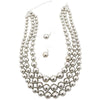 Multi Strand Simulated Pearl Necklace and Earrings Jewelry Set, 18"+3" Extender (Polished Silver)