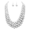 Multi Strand Simulated Pearl Necklace and Earrings Jewelry Set, 18"+3" Extender (Polished Silver)